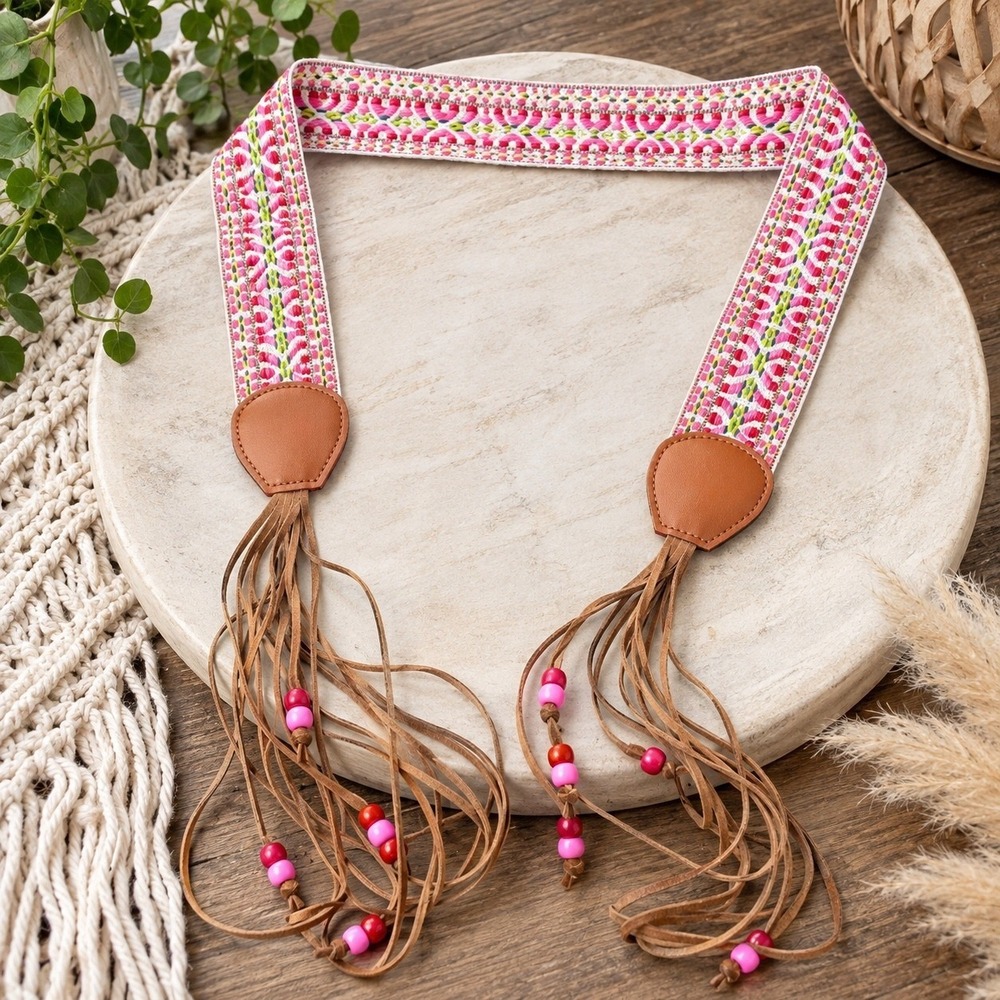 Boho Woven Embroidered Sash Belt Pink Green Geometric Tassel Beaded Fringe Tie